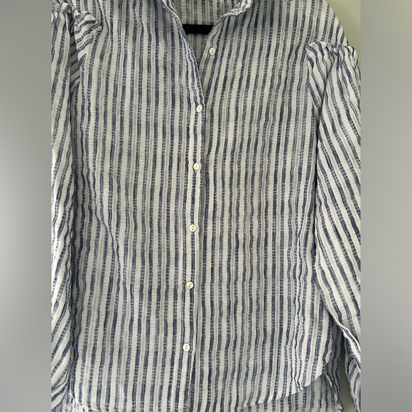 Umgee Button Up Blouse Women's Size S Blue White Striped Long Balloon Sleeves - Picture 5 of 16